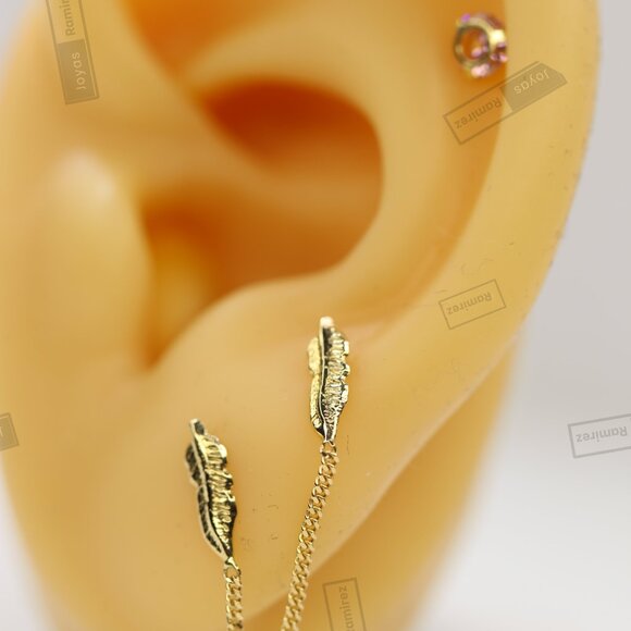 Elegant 10K Gold Leaf Chain Earrings • Lightweight Screw-Back Jewelry. - Picture 5 of 6